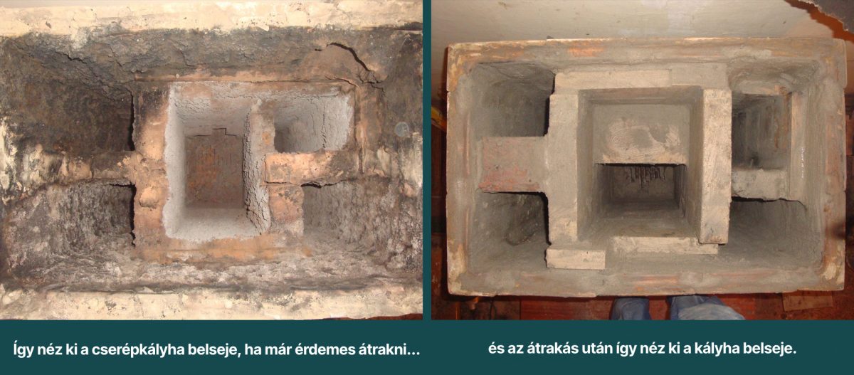 cserépkályha belseje átrakás előtt és után